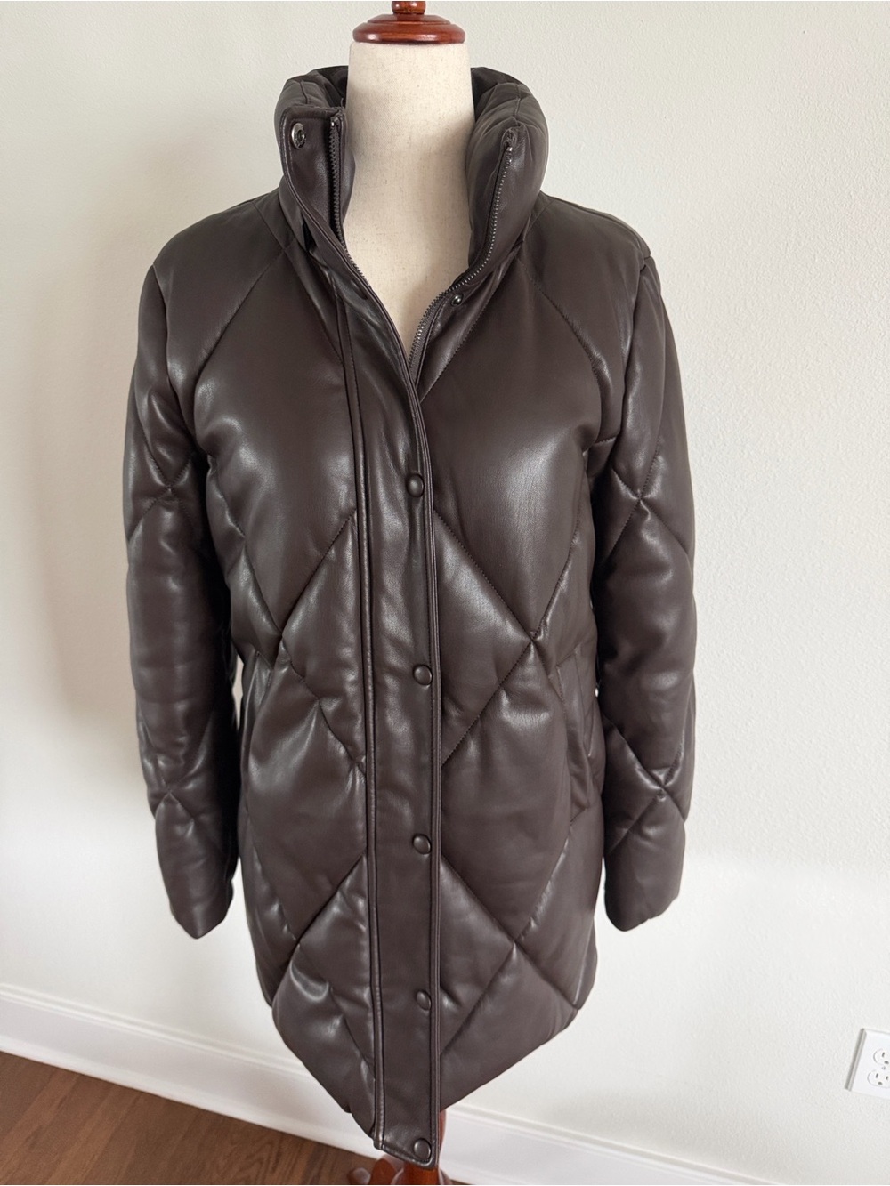 Quilted Leather-Look Puffer Coat in Dark Brown